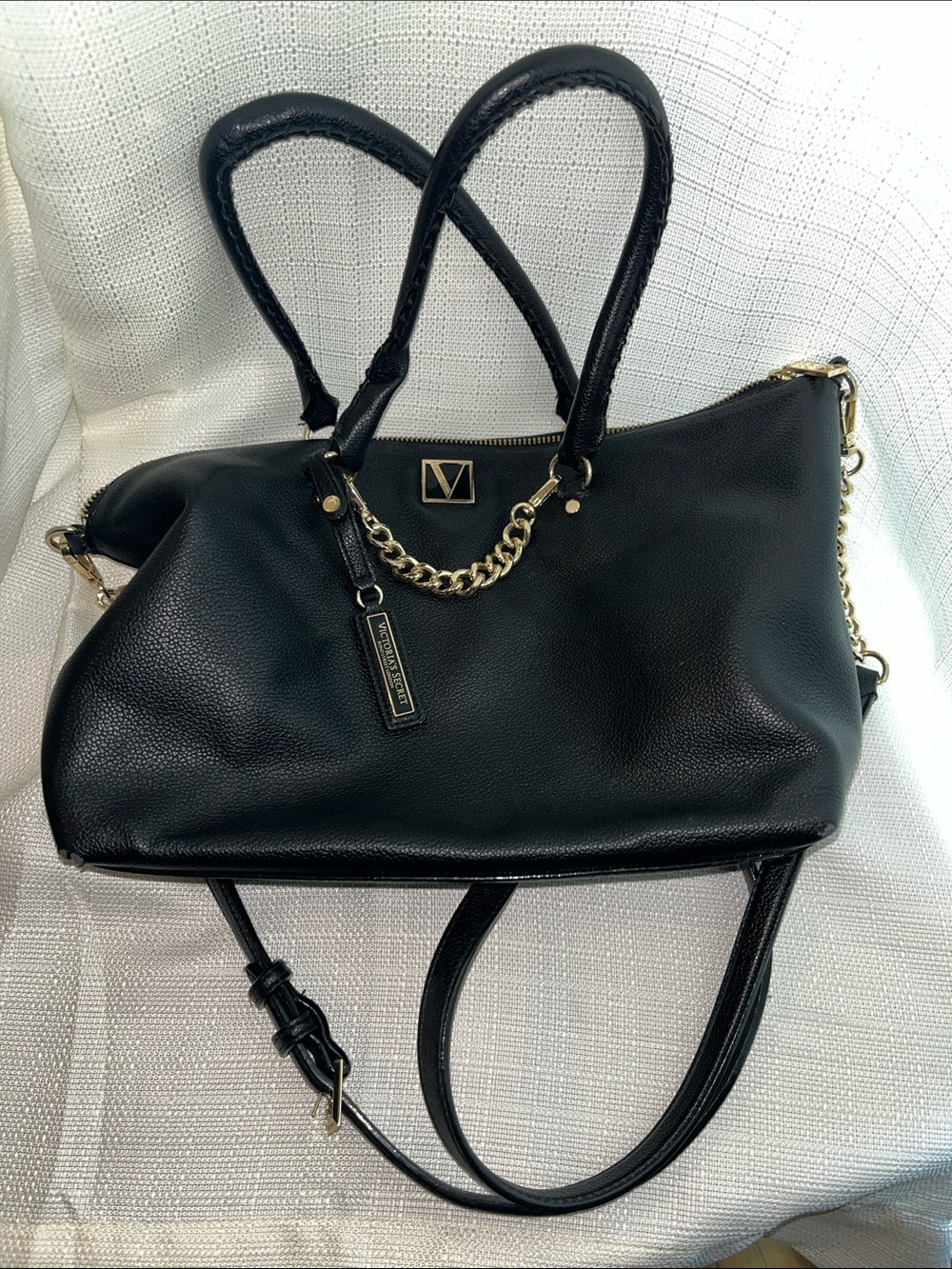 Victoria's Secret Black Shoulder Tote with Gold Chain Detail